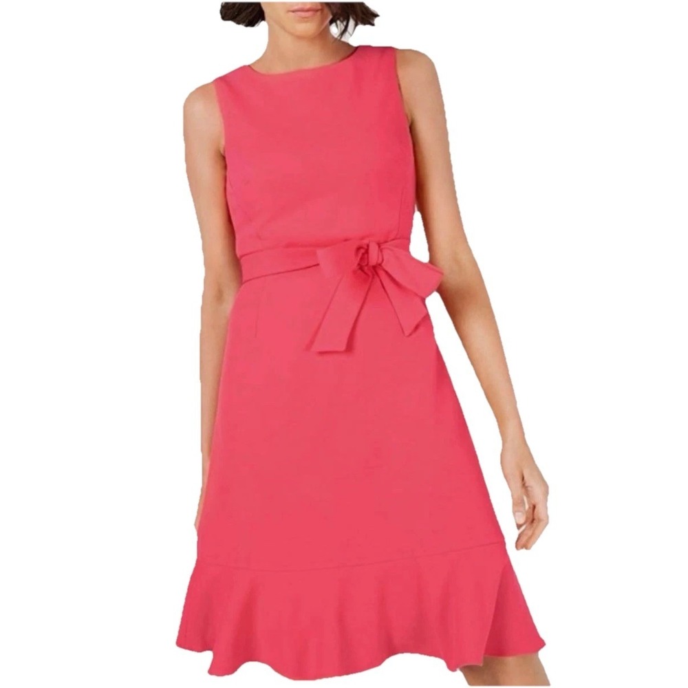 Calvin Klein Coral Pink Tie Belt Flounce Ruffle Hem Sleeveless Dress Size 12